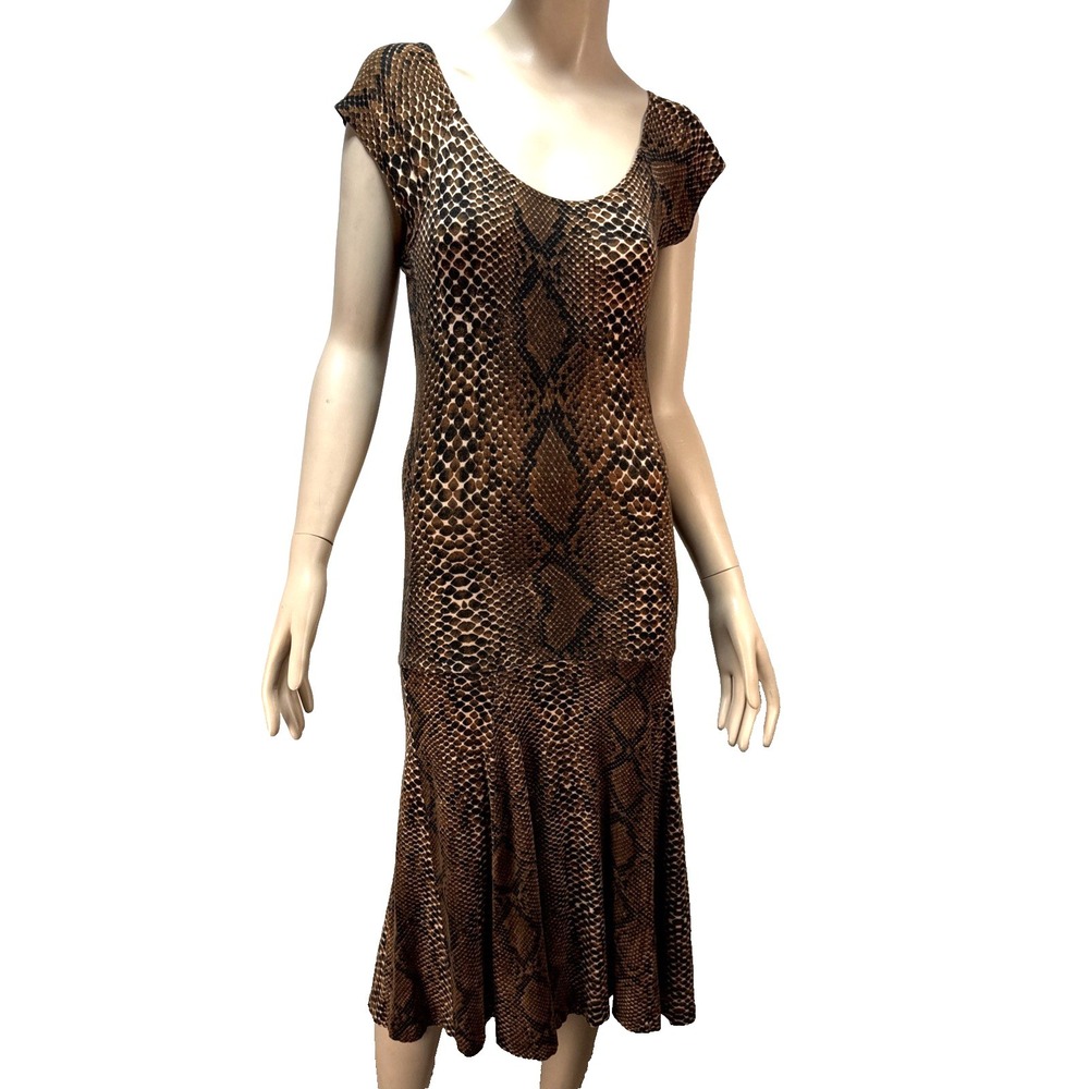 Betsey Johnson Vintage Midi Dress Size S Bodycon Flare Brown Snake Print Jersey